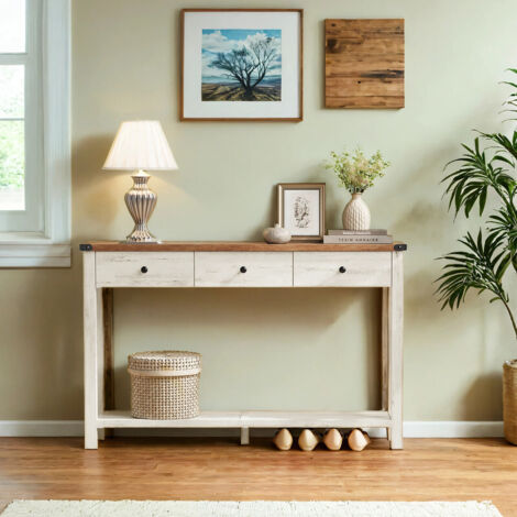 Table Console, Table d'Entrée avec 3 Tiroirs et Étagère de Rangement, pour Entrée, Salon, Style Campagnard, Marron et Blanc (1/5)