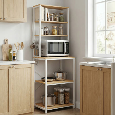 Étagère de cuisine à 6 niveaux, support micro-ondes avec crochets, pour bar à café, Jaune et Blanc