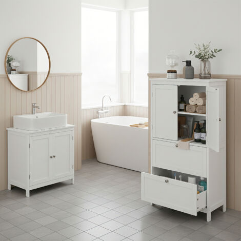 Meuble de Salle de Bain, avec 2 Portes et 2 Tiroirs, Étagères Réglables, 30 x 60 x 110 cm, Blanc (1/5)