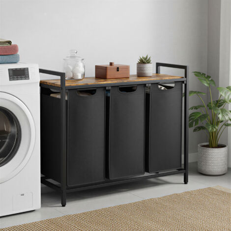 Panier à Linge 3 Compartiments, avec Étagère de Rangement, Sac Amovible, Cadre en Métal, 3 x 40 L, Noir
