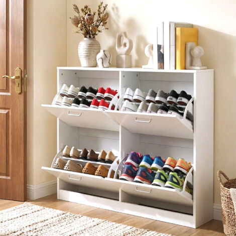 Meuble à Chaussures 4 Portes Battantes, Étagère à Chaussures, Séparateur Réglable, pour 16 à 28 Paires de Chaussures, pour Entrée, 24 x 105,5 x 82,7 cm, Blanc Neige (1/5)