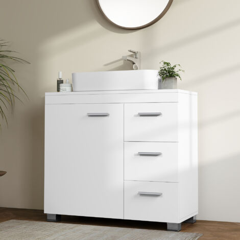 Meuble sous Lavabo, Meuble de Salle de Bain, 3 Grands Tiroirs, Placard sous Vasque, 2 Compartiments Derrière la Porte, 30 x 70 x 64 cm, Blanc (1/5)