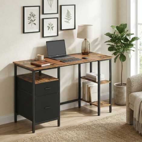 Bureau pour Ordinateur, 3 Étagères, 2 Tiroirs, 127 x 50 x 76 cm, Marron et Noir