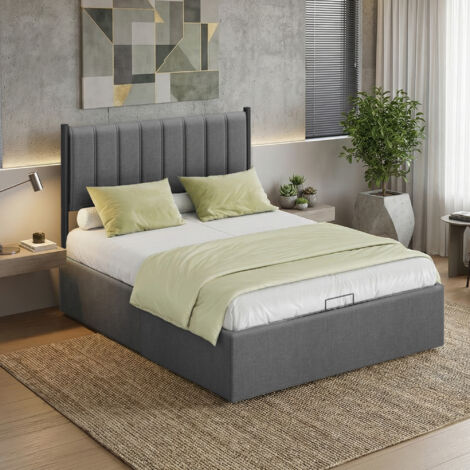 Lit Double avec Matelas 140 x 190 cm, Mousse Mémoire de Forme, Chambre, Tête de Lit Ajustable, Bleu et Gris