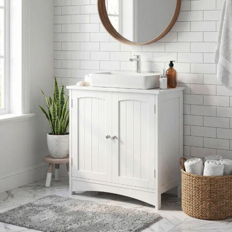 Meuble sous Lavabo avec Étagère Réglable, Rangement Spacieux, Style Campagne, 30 x 60 x 60 cm, Blanc