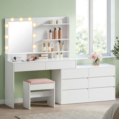 Coiffeuse Modulable avec Miroir LED et Tabouret, Miroir LED 9 Ampoules, avec Multiprise, 8 Tiroirs, Blanc et Rose