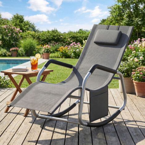Chaise Relax de Jardin, Fauteuil à Bascule avec Poche, Cadre en Acier, Tissu Respirant, Gris Foncé (1/5)
