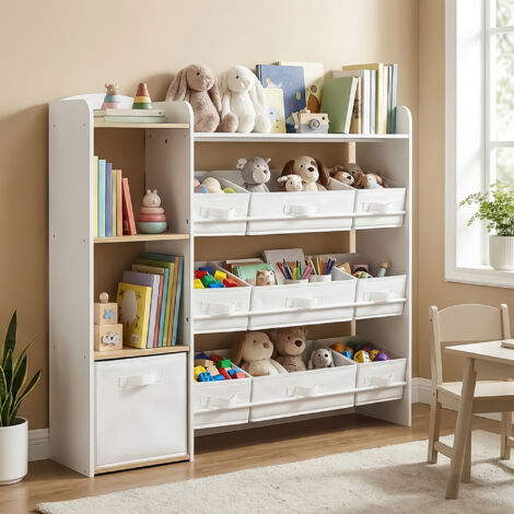 Meuble de Rangement pour Jouets Enfants, Étagère Montessori avec Paniers et Bacs, Chambre d’Enfant, Blanc