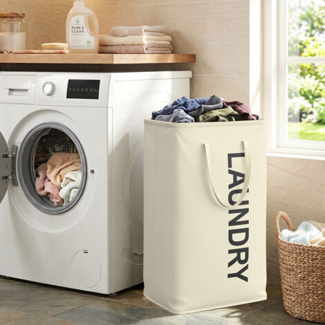 Panier à Linge Pliable, 80 L, avec Poignées, pour Salle de Bain, Buanderie, en Tissu Oxford, Crème (1/5)
