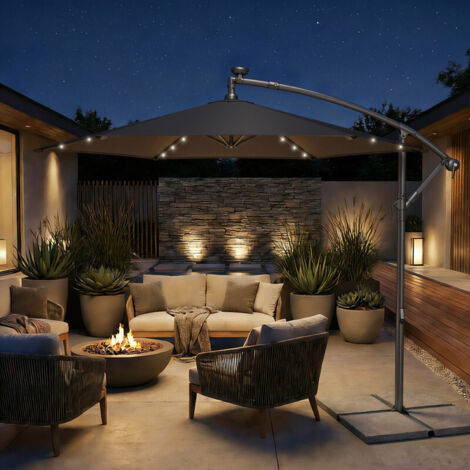 Parasol de 300 cm de Diamètre, avec 32 LED, Socle, Manivelle d’Ouverture et de Fermeture, Gris (1/5)