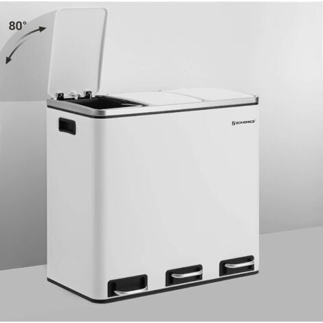 SONGMICS Poubelle Cuisine, 3 x 18L, Poubelle de Tri, 3 Compartiments, Déchets, Compost, Couvercles à Fermeture en Douceur, Pédales, Seaux Intérieurs, en Acier, Blanc