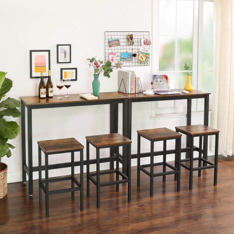 Table De Bar Haute 60x60x100 Cm - Plateau Marron Rustique, Pieds Noirs - Pour Cuisine, Salon, Petit Espace