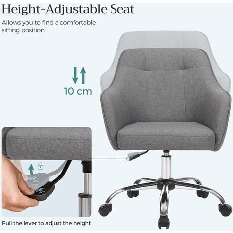 Fauteuil de bureau, Chaise pivotanteconfortable, Siège ergonomique,  réglable en hauteur, charge 120 kg, cadre enacier, tissu imitation lin,  pour bureau, Gris OBG019G01