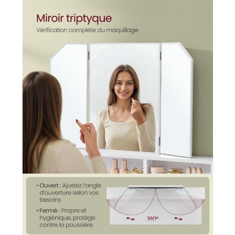 Coiffeuse avec 3 Miroirs, 2 tiroirs et 3 Compartiments de Rangement, SANS TABOURET, 100 x 40 x 142 cm, Style Moderne, Blanc