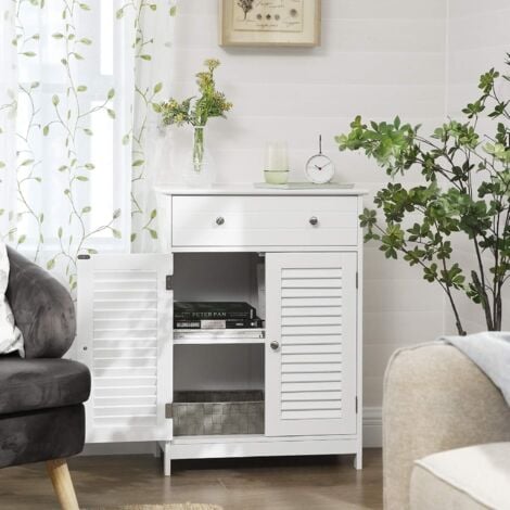 Meuble de Rangement de Salle de Bain, 60 x 30 x 80 cm, avec 2 Portes persiennes, tiroir, Planche réglable, Style Nordique scandinave, Blanc Mat
