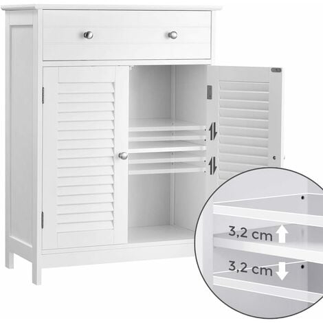Meuble de Rangement de Salle de Bain, 60 x 30 x 80 cm, avec 2 Portes persiennes, tiroir, Planche réglable, Style Nordique scandinave, Blanc Mat