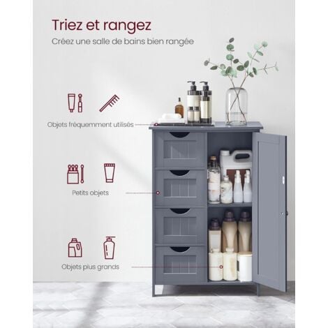 Meuble de salle de bain avec 4 tiroirs, 55 x 30 x 82 cm, porte simple, planche réglable en hauteur, Gris Foncé