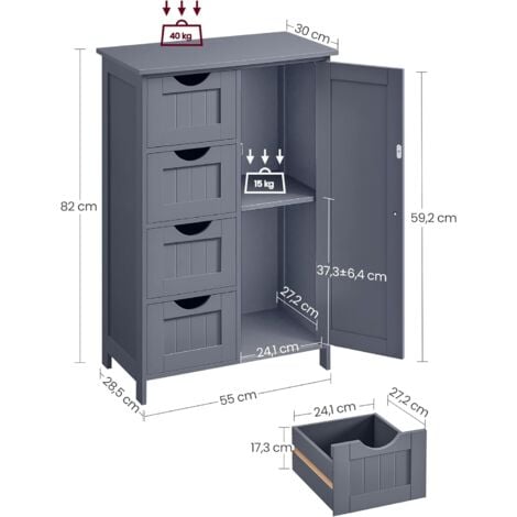 Meuble de salle de bain avec 4 tiroirs, 55 x 30 x 82 cm, porte simple, planche réglable en hauteur, Gris Foncé