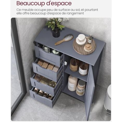 Meuble de salle de bain avec 4 tiroirs, 55 x 30 x 82 cm, porte simple, planche réglable en hauteur, Gris Foncé
