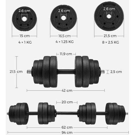 Kit haltères musculation poids ajustable avec barre d'extension  supplémentaire 10 kg 20 kg pour hommes et femmes musculation prise de masse  à la maison 1 paire