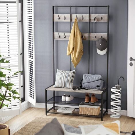 VASAGLE Portemanteau,  Vestiaire d’entrée, avec 12 crochets et banc à chaussures, style industriel, pour bureau, chambre, cadre en acier , Grège et Noir HSR086B02