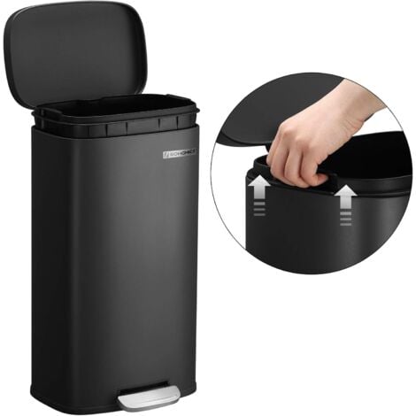 SONGMICS Poubelle Cuisine 30L, Poubelle à Pédale, avec Couvercle à Fermeture en Douceur, Seau Intérieur, en Acier, Noir