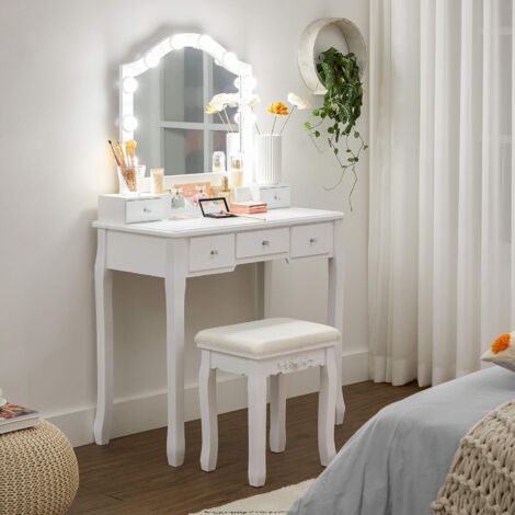 VASAGLE Ensemble de Coiffeuse, Table de Maquillage avec Tabouret rembourré, 10 Ampoules LED, Organisateur Amovible à 6 Cases, 5 tiroirs, 1 séparateur de tiroir, Cadeau, pour Chambre, Blanc  par SONGMI