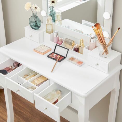 VASAGLE Ensemble de Coiffeuse, Table de Maquillage avec Tabouret rembourré, 10 Ampoules LED, Organisateur Amovible à 6 Cases, 5 tiroirs, 1 séparateur de tiroir, Cadeau, pour Chambre, Blanc  par SONGMI