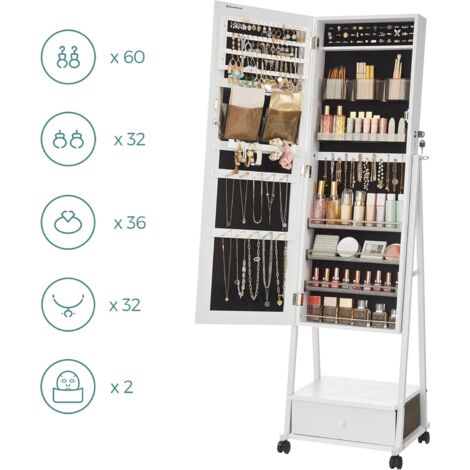 SONGMICS Armoire à Bijoux Avec Miroir Psyché - Verrouillable, Blanc JJC69WT, Rangement Complet