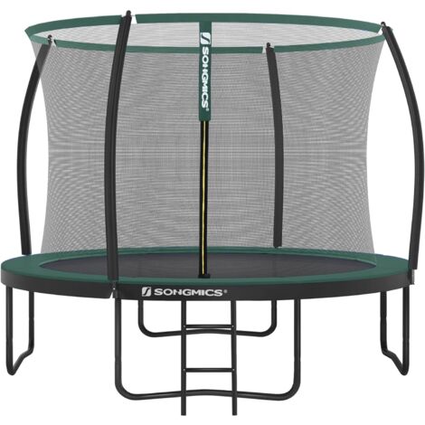 SONGMICS Trampoline pour Enfants Diamètre 366 cm, Filet de Protection, Poteau Incurvé 180 cm, Coussins de Sécurité, Échelle, Cadre en Acier, Noir et Vert Foncé