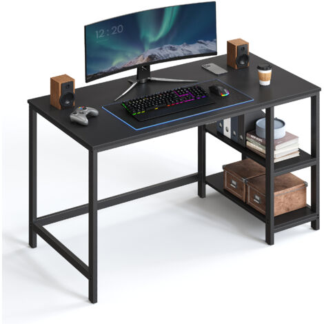Vasagle – Bureau droit 120x60cm en aggloméré et acier – Étagère intégrée à gauche/droite – Style industriel noir – Pour bureau et salon