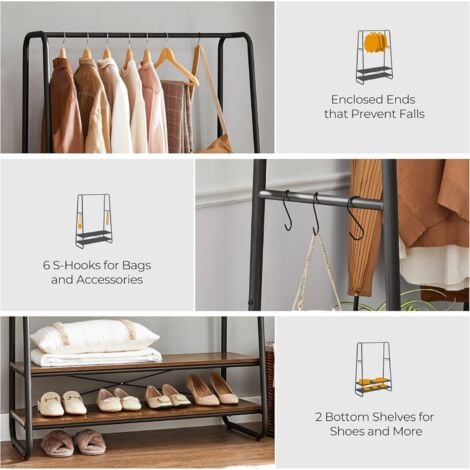 VASAGLE Portant à Vêtement, Porte-manteaux, Armoire, Vestiaire, avec 2 Étagères, 6 Crochets en Forme de S, Cadre en Acier, pour Chambre, Marron Rustique et Noir