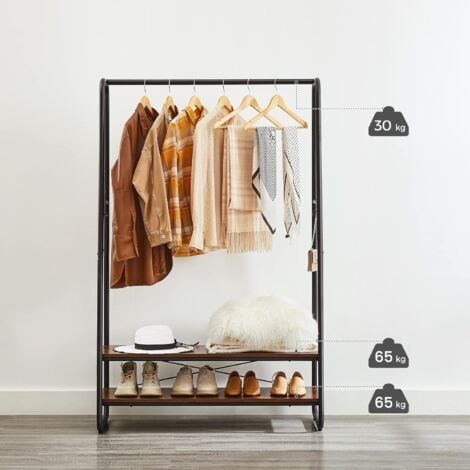 VASAGLE Portant à Vêtement, Porte-manteaux, Armoire, Vestiaire, avec 2 Étagères, 6 Crochets en Forme de S, Cadre en Acier, pour Chambre, Marron Rustique et Noir