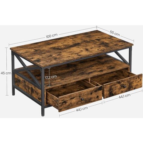 Table Basse En Bois Design Industriel Avec Étagère - 100x55x47 Cm - Plateau Bois Et Pieds En X - Pour Salon, Bureau