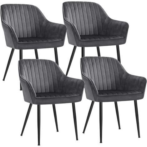 Songmics – Lot de 4 chaises de salle à manger en velours gris – Rembourrées avec accoudoirs – Pieds en métal noir – Charge max 120 kg