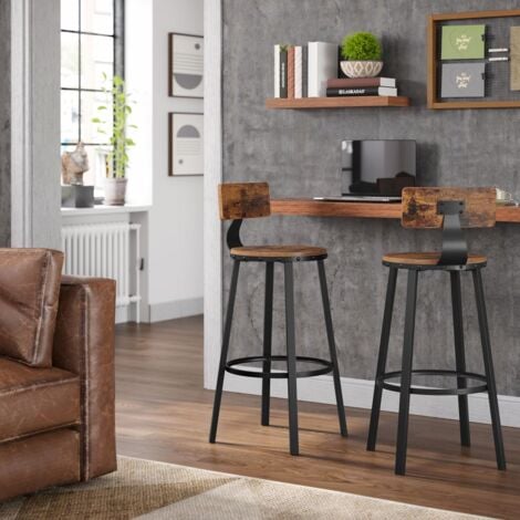 VASAGLE Lot de 2, Chaises de Bar, Tabourets Hauts, avec Dossier, Siège de Cuisine, Cadre en Acier, Montage Facile, Siège de 73,2 cm de Haut, Style Industriel, Marron