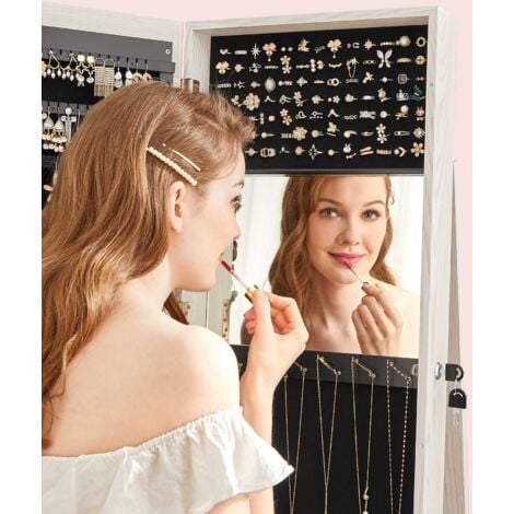 Armoire à Bijoux pivotante sur Pieds, 3-en-1 pour cosmétiques, Placard beauté, avec miroirs, étagères, Serrure, Style Nordique scandinave, Blanc Boisé