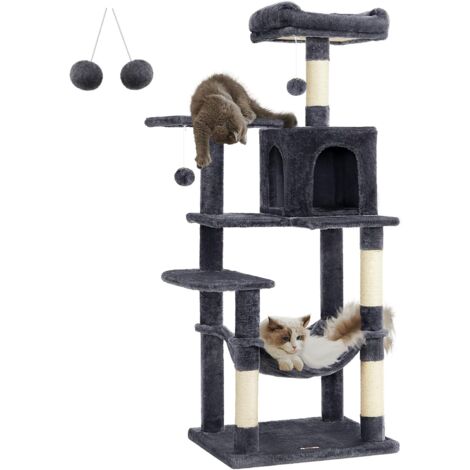 Feandrea – Arbre à chat multi-niveaux 143 cm – 4 poteaux à griffer – 2 plateformes – 1 niche – 1 hamac – Tissu peluche gris clair (1/5)