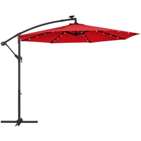 Parasol de Jardin Extérieur Déporté avec LED à Énergie Solaire, Ombrelle Ø 3 m, avec Base, Protection Solaire, avec Manivelle, UPF 50+, Terrasse, Piscine, Rouge GPU118R01