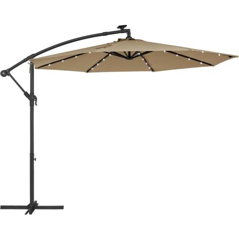 Parasol de Jardin Extérieur Déporté avec LED à Énergie Solaire, Ombrelle Ø 3 m, avec Base, Protection Solaire, avec Manivelle, UPF 50+, Terrasse, Piscine, Taupe GPU118K01