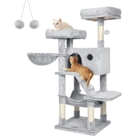 Feandrea – Arbre à chat 135 cm – Niche 49 x 30 x 30 cm – Tissu peluche 500 g/m² – Poteaux en sisal – 3 plateformes rembourrées – Gris y blanco ombré