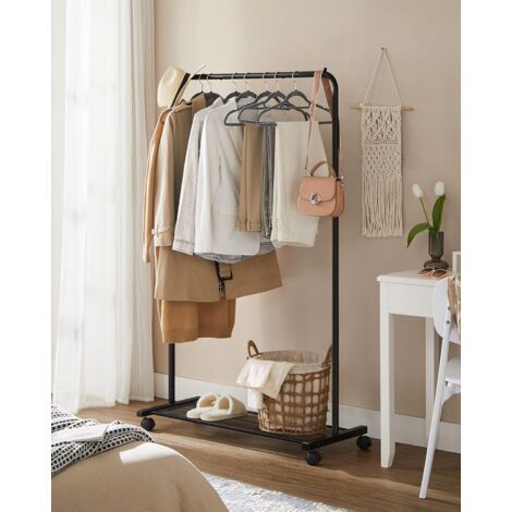 SONGMICS Portant à Vêtements Mobile, Portemanteau sur Roulettes, Penderie, Organisateur, en Métal, avec Étagère de Rangement, Charge de la Barre 40 kg, Noir HSR25BK