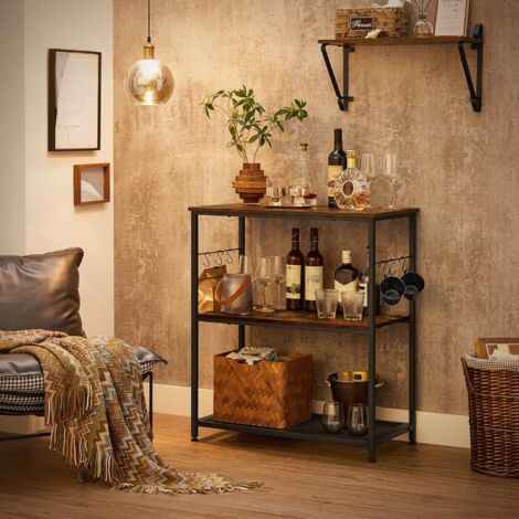 Support Rangement VASAGLE 80x40x90cm - 3 Étagères + 6 Crochets - Style Industriel Marron/Noir - Pour Cuisine Ou Bureau