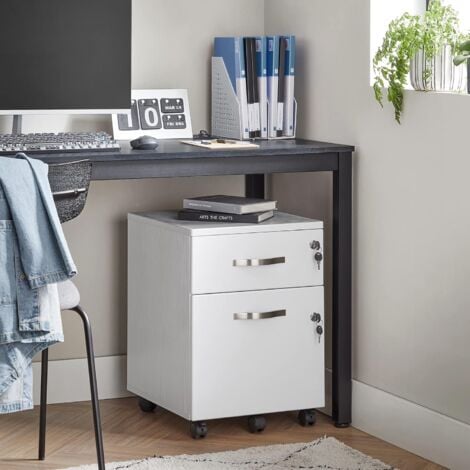 VASAGLE Caisson de Bureau à Roulettes, Verrouillable, avec 2 Tiroirs, 5 Roulettes, Barre de Suspension Réglables, pour Dossiers Suspendus au Format A4, Blanc