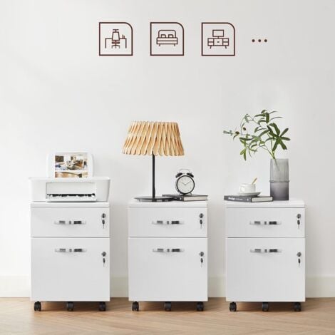 VASAGLE Caisson de Bureau à Roulettes, Verrouillable, avec 2 Tiroirs, 5 Roulettes, Barre de Suspension Réglables, pour Dossiers Suspendus au Format A4, Blanc