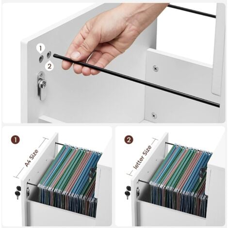 VASAGLE Caisson de Bureau à Roulettes, Verrouillable, avec 2 Tiroirs, 5 Roulettes, Barre de Suspension Réglables, pour Dossiers Suspendus au Format A4, Blanc
