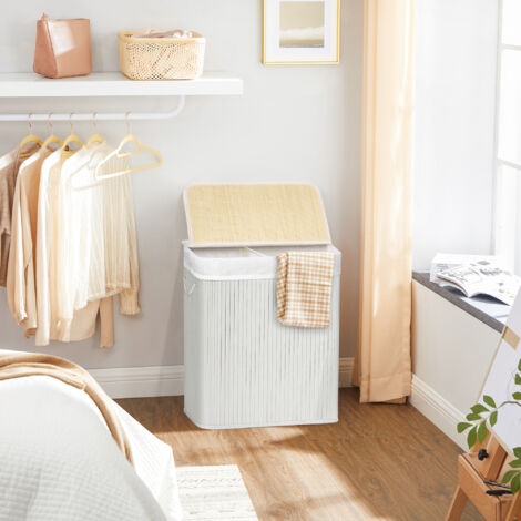 Panier à Linge Avec Couvercle Et Roulettes - 100 L, Pliable, Poignées Bambou, Pour Buanderie (Créme/Gris)