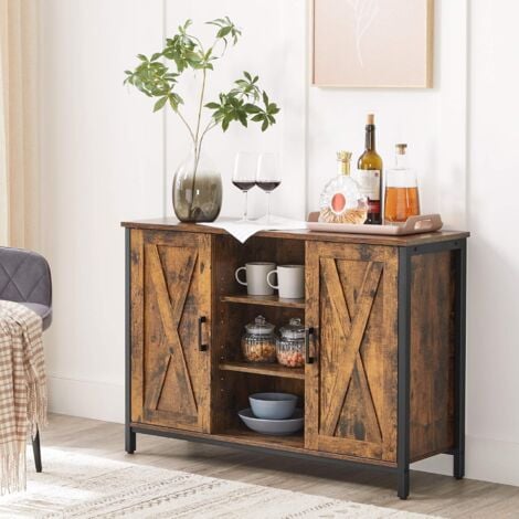 Buffet, Meuble de Rangement, avec placards et étagères, Portes façon Grange, 100 x 35 x 70 cm, Style Industriel, Marron Rustique et Noir