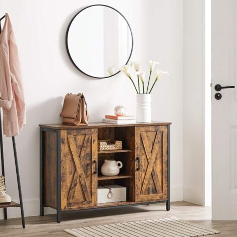 Buffet, Meuble de Rangement, avec placards et étagères, Portes façon Grange, 100 x 35 x 70 cm, Style Industriel, Marron Rustique et Noir
