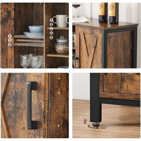 Buffet, Meuble de Rangement, avec placards et étagères, Portes façon Grange, 100 x 35 x 70 cm, Style Industriel, Marron Rustique et Noir